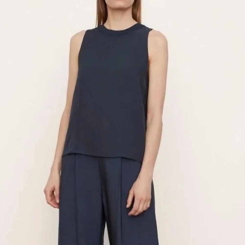 Vince Rib Trim Crew Neck Shell in Coastal Blue XS Blouse Sleeveless Nwt $225